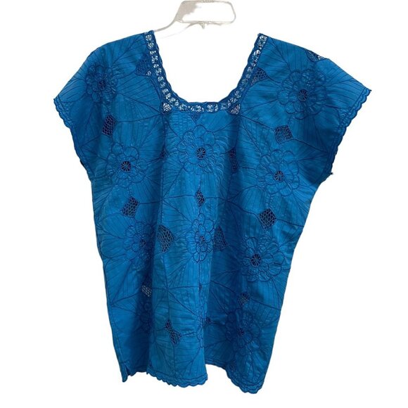 Mexican Blue Knit Embroidered Shirt Blouse Top with Camisole 2 Piece Set Size M - Picture 1 of 16